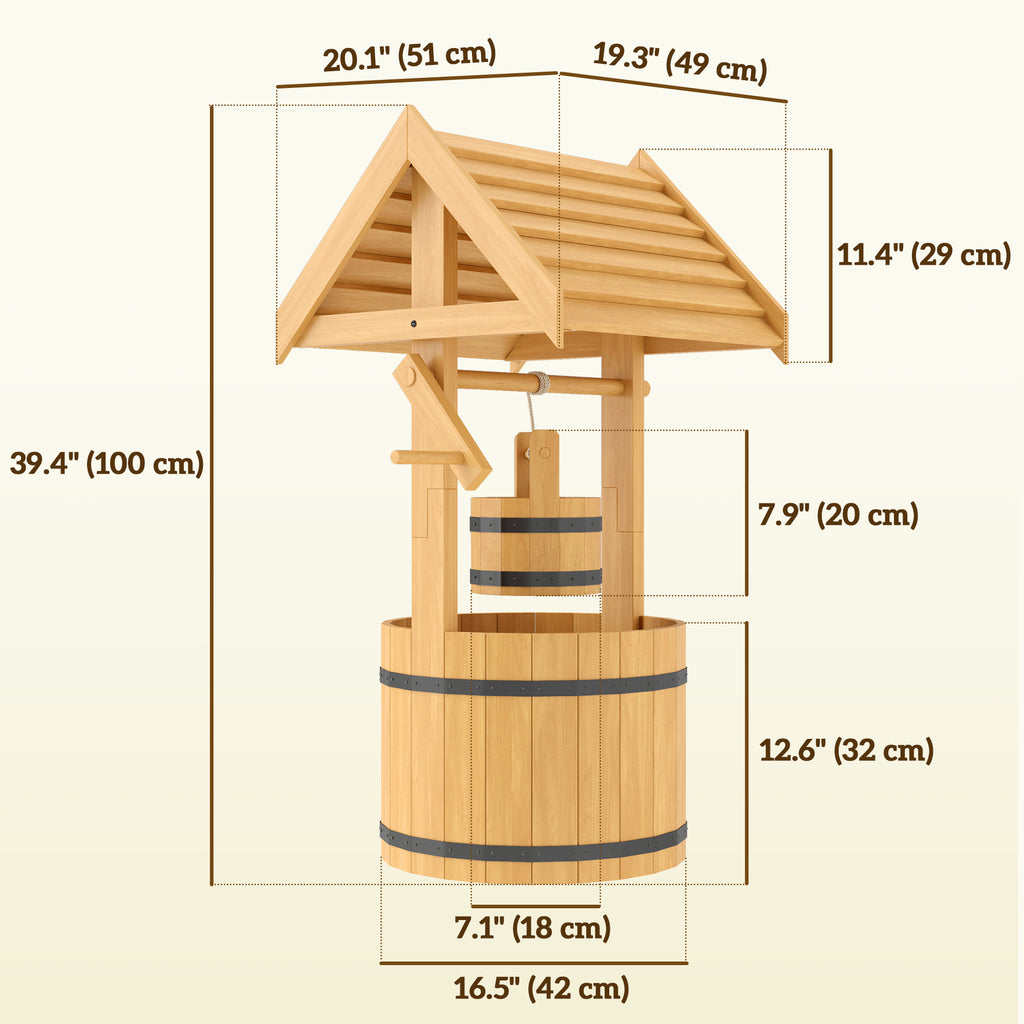 Wood Wishing Well Outdoor Wooden Planter with Hanging Bucket and Drainage Hole for Garden, Patio, Backyard, Orange