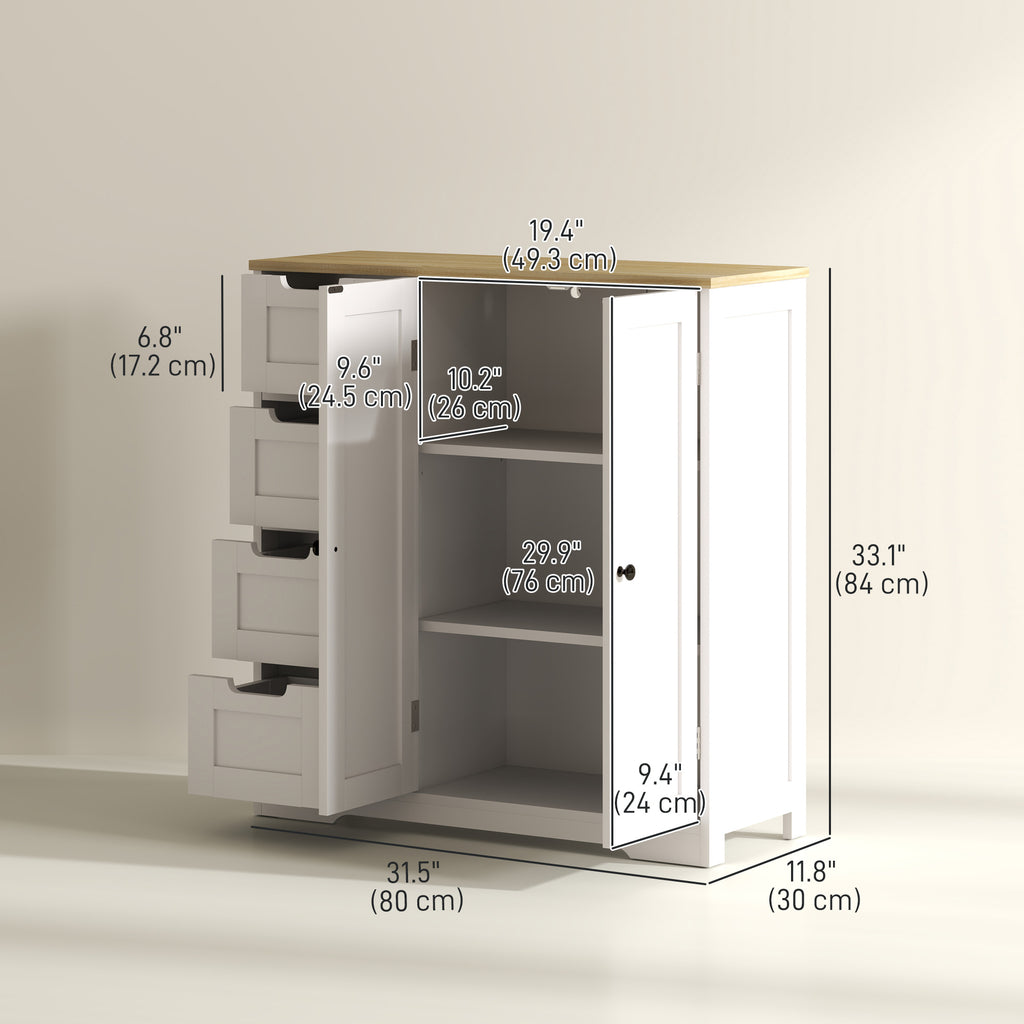 Freestanding Bathroom Floor Cabinet, Modern Bathroom Cabinet with Adjustable Shelf, 4 Drawers and 2 Doors, White