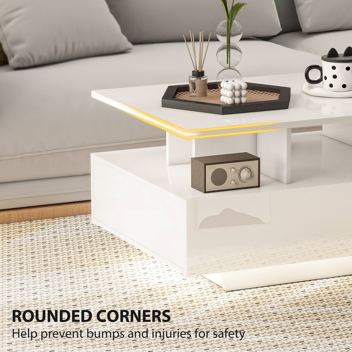ከ RGB LED መብራት ጋር የቡና ጣውላ፣ ዘመናዊ ናይ መነበብ ክፍሊ ጣውላ ምስ 4 መሳልብታት፣ ክፉት መደርደሪ፣ ርሑቕ ተቆጻጸሪ፣ ልዑል ብርሃን ጻዕዳ