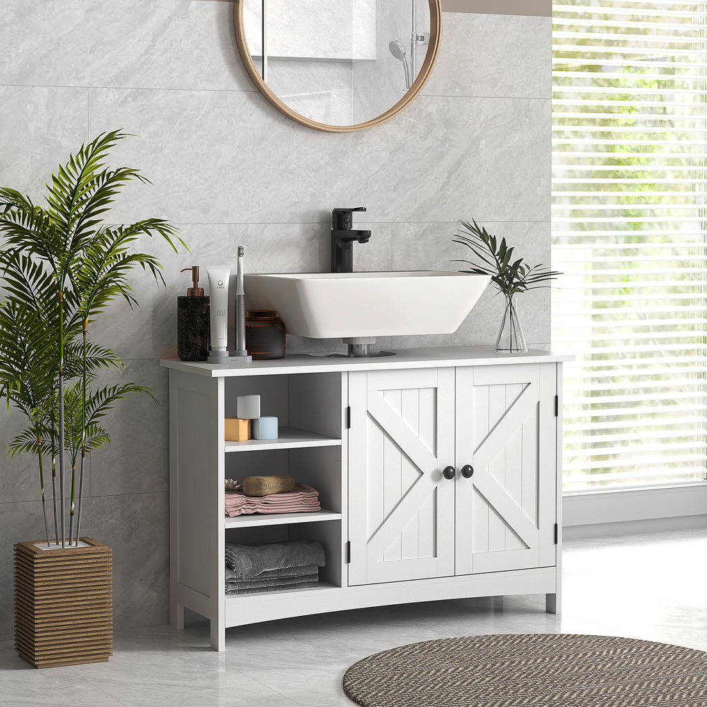 Bathroom Vanity Cabinet, Under Sink Storage Cabinet with Double Doors, Open and Adjustable Shelves, White