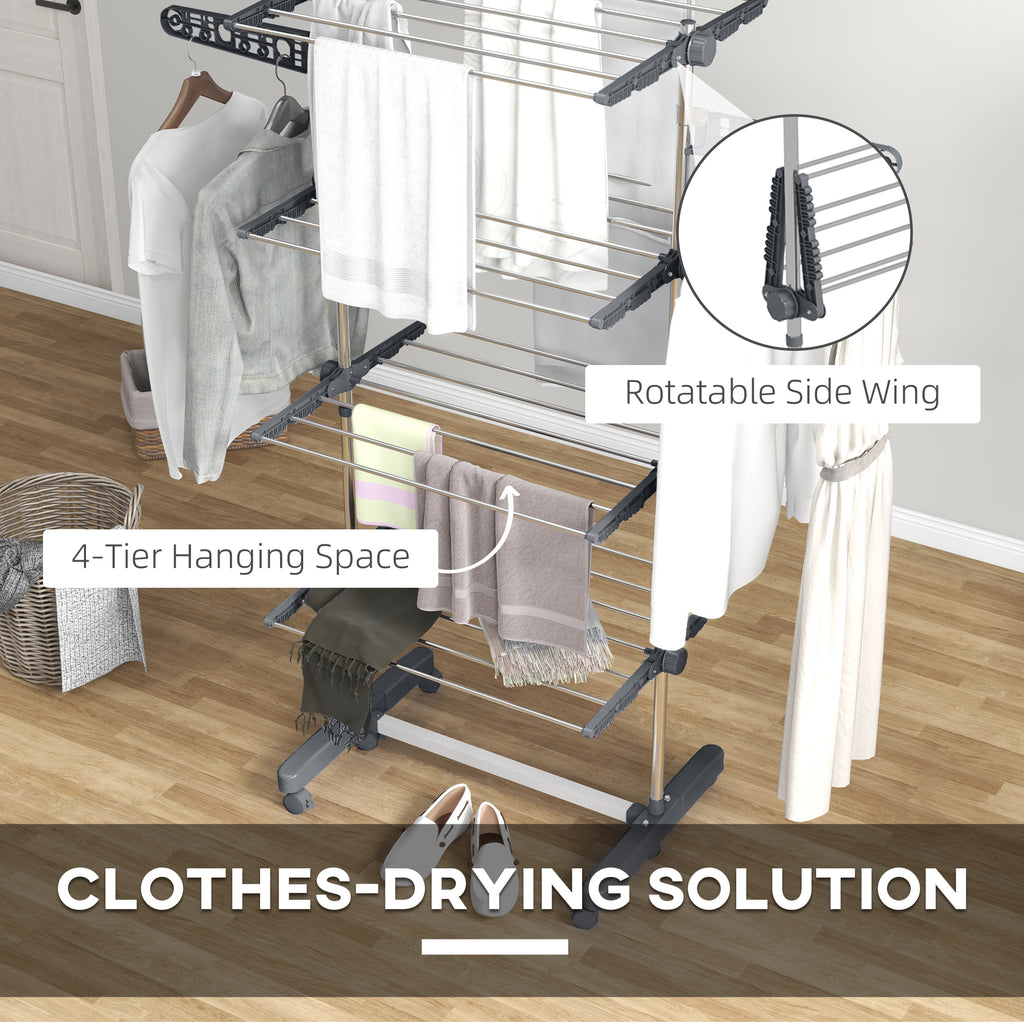 Garment Drying Rack Stainless Steel Folding Clothes Hanging Rack with Side Wings Castors for Indoor Outdoor White