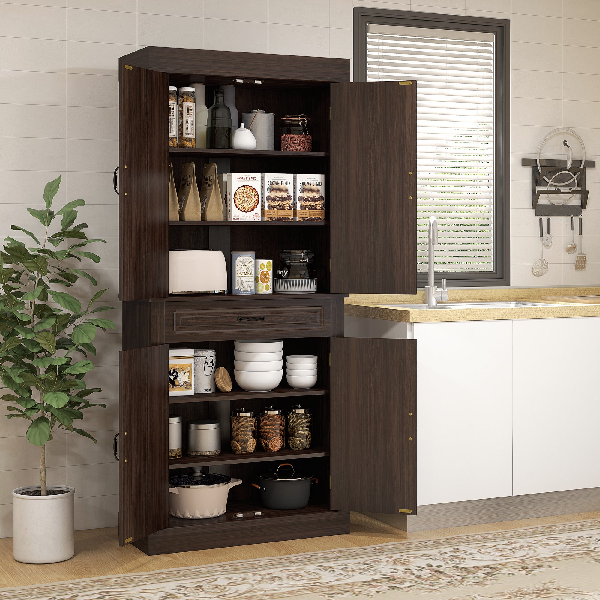 71" Freestanding Kitchen Pantry with 4 Doors and 2 Cabinets, Tall Storage Cabinet for Kitchen, Distressed Coffee