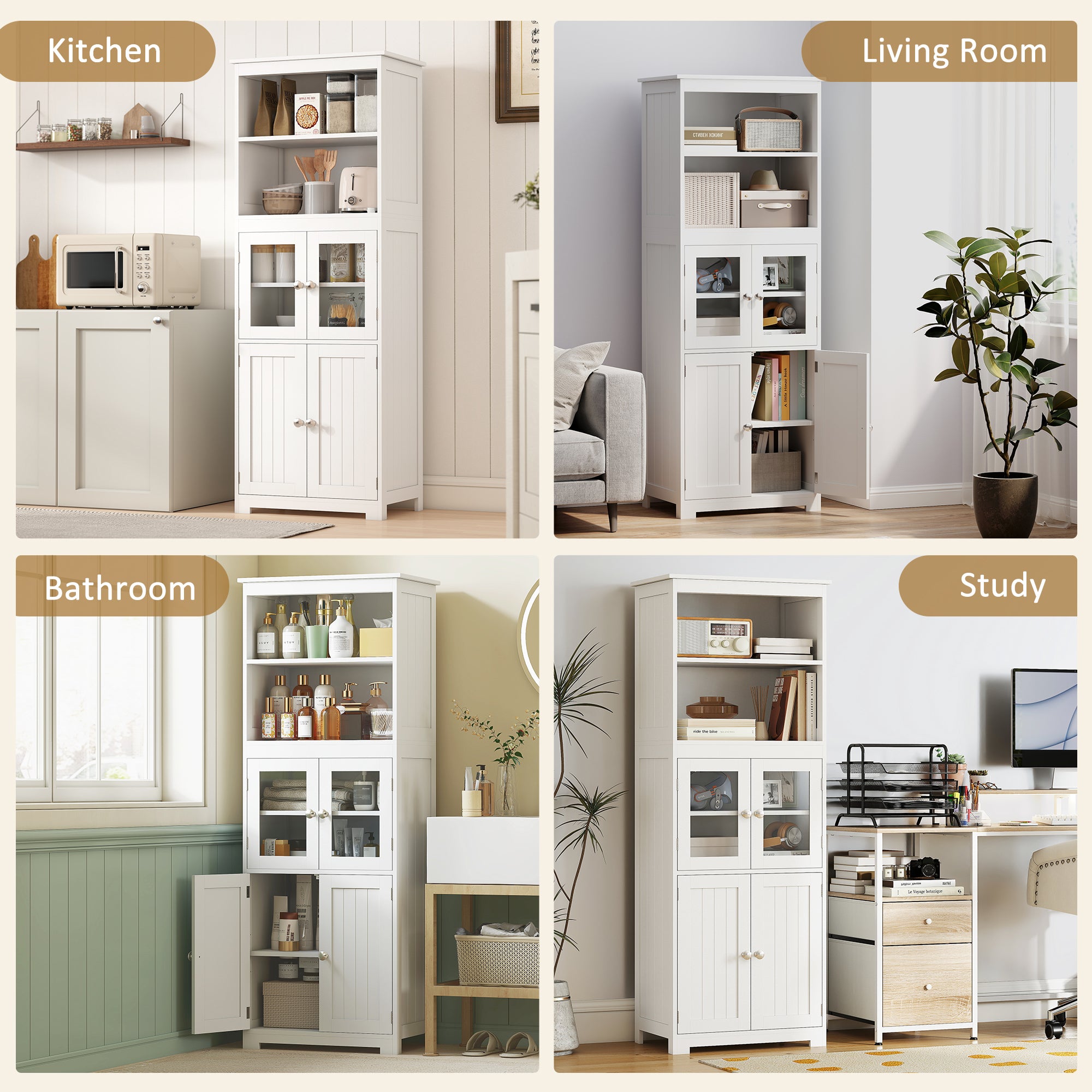 63" Small Buffet with Hutch, 4-Door Kitchen Pantry, Freestanding Storage Cabinet with Adjustable Shelf for Dining Room, Living Room, White