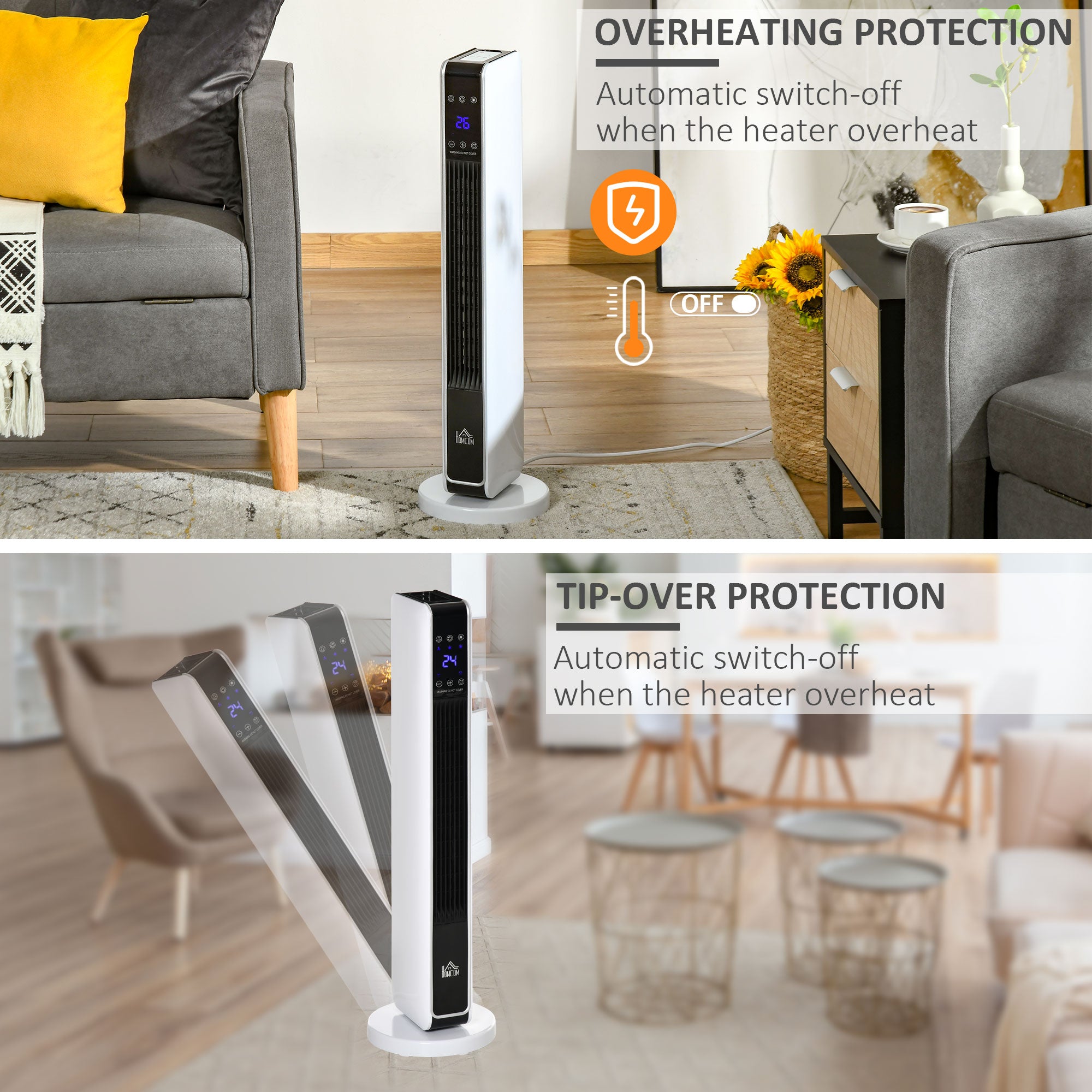 Ceramic Tower Heater, Oscillating Space Heater with Remote Control, Timer, Tip-Over & Overheat Protect, 750W/1500W