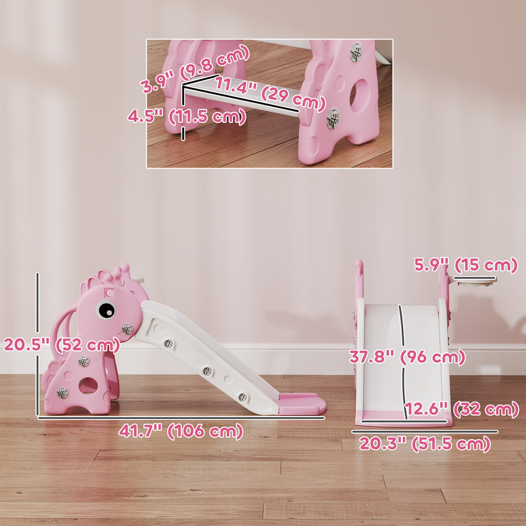 Qaba 3 in 1 Toddler Slide for Age 1-3, Kids Slide with Climber, Basketball Hoop and Ball, Giraffe Design, Pink