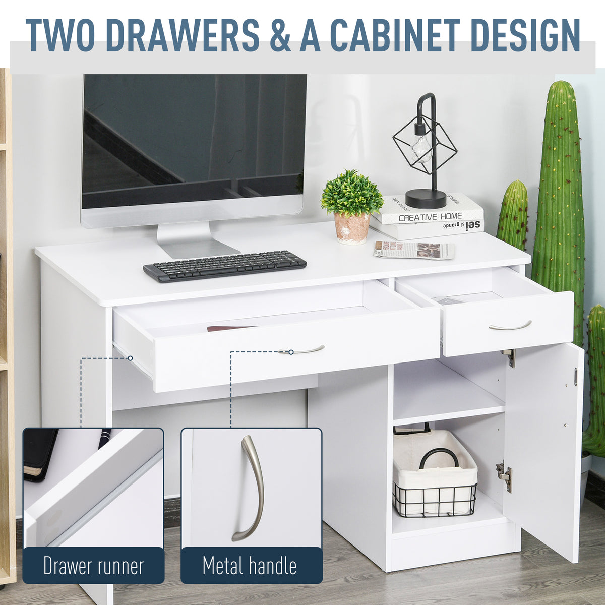 Computer Desk with Storage Drawers, Study Writing Table with Cabinet Adjustable Shelf for Home Office Workstation Bedroom, Black