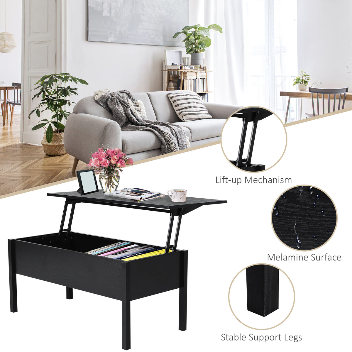 39" Modern Lift Top Coffee Table with Hidden Storage Compartment, Center Table for Living Room, Black