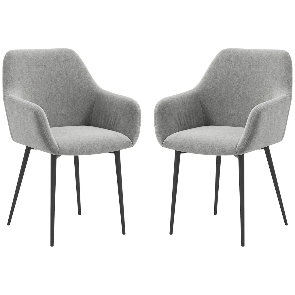 Dining Chairs Set of 2, Velvet-look Fabric Upholstered Kitchen Chairs with Backrest, Armrests and Steel Legs, Dark Grey