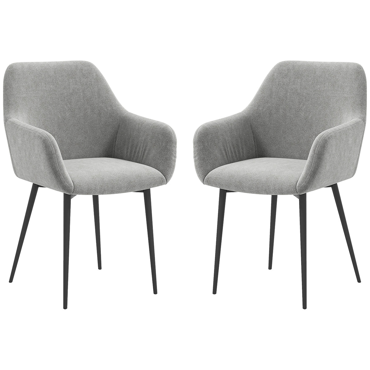 Dining Chairs Set of 2, Velvet-look Fabric Upholstered Kitchen Chairs with Backrest, Armrests and Steel Legs, Dark Grey