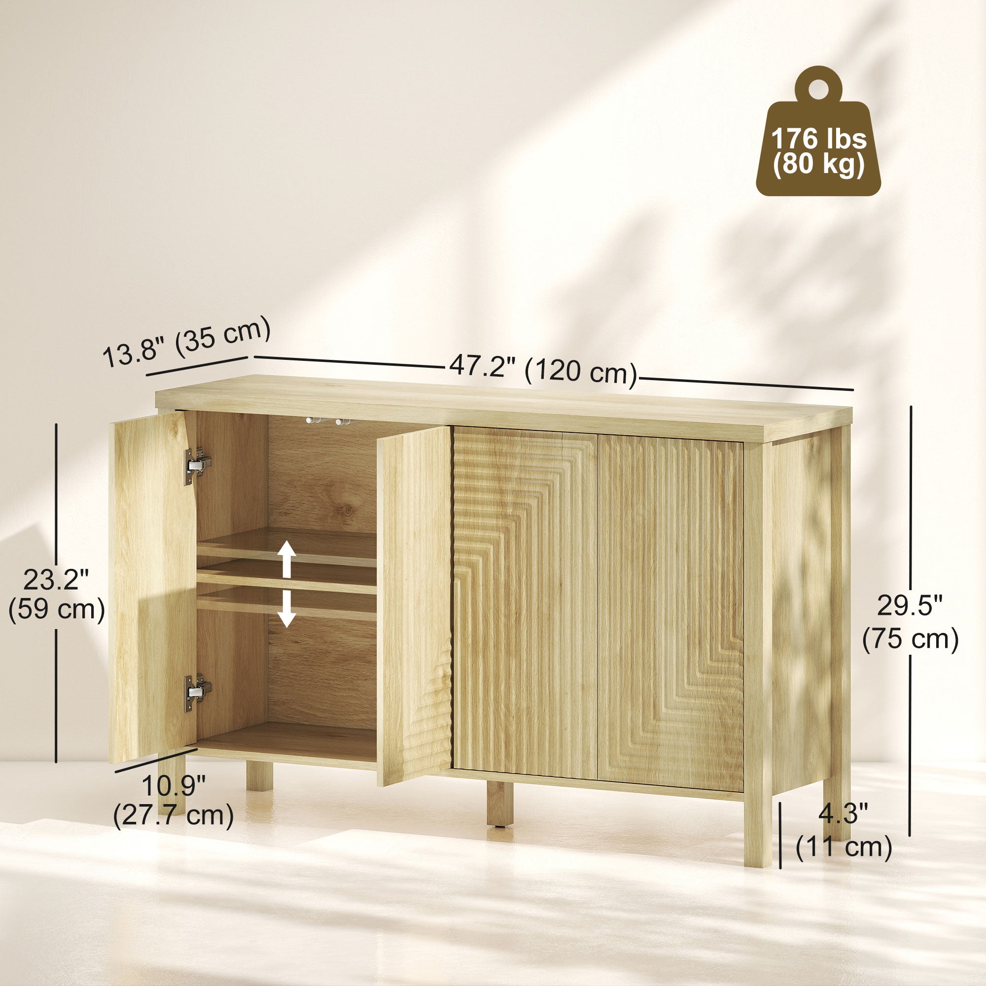 47" Buffet Cabinet with Storage, Fluted Sideboard with Push to Open Design, 2 Adjustable Shelves and 4 Doors, Natural