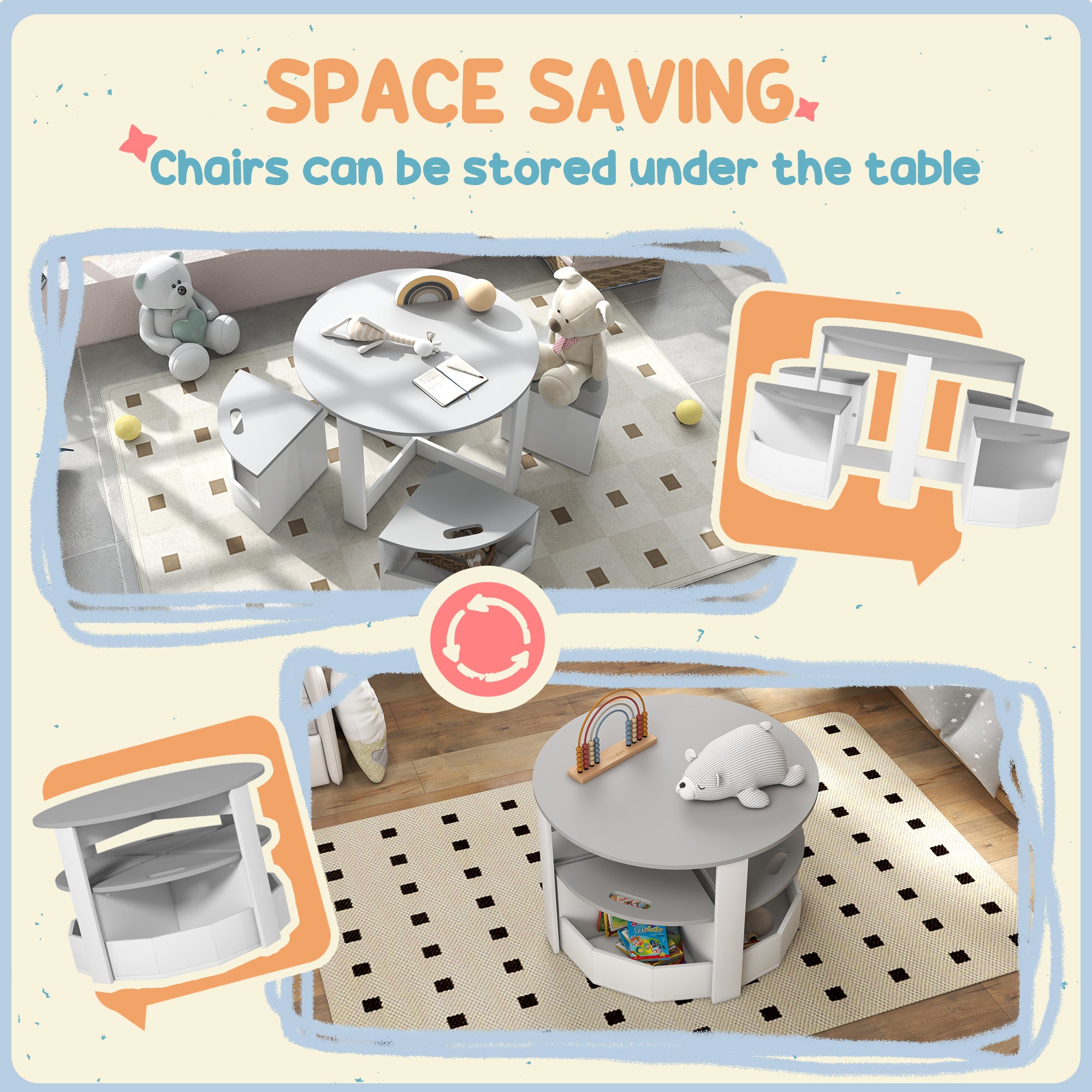 Qaba 5 Piece Kids Table and Chair Set with Storage for Kids Room, Grey