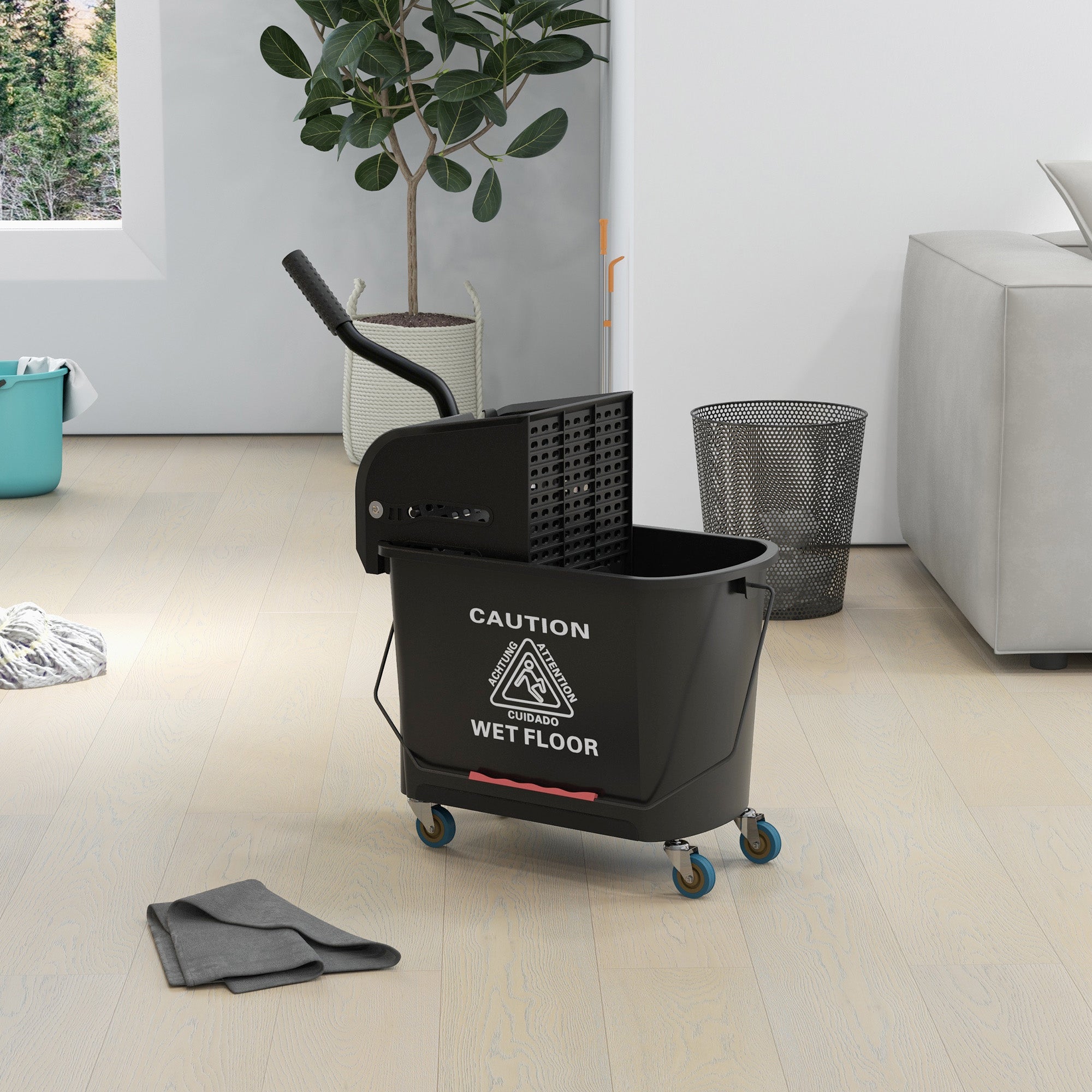 Compact Mop Bucket with Wringer, Mop Bucket on Wheels, 5 Gallon, Separate Dirty and Clean Water, Yellow