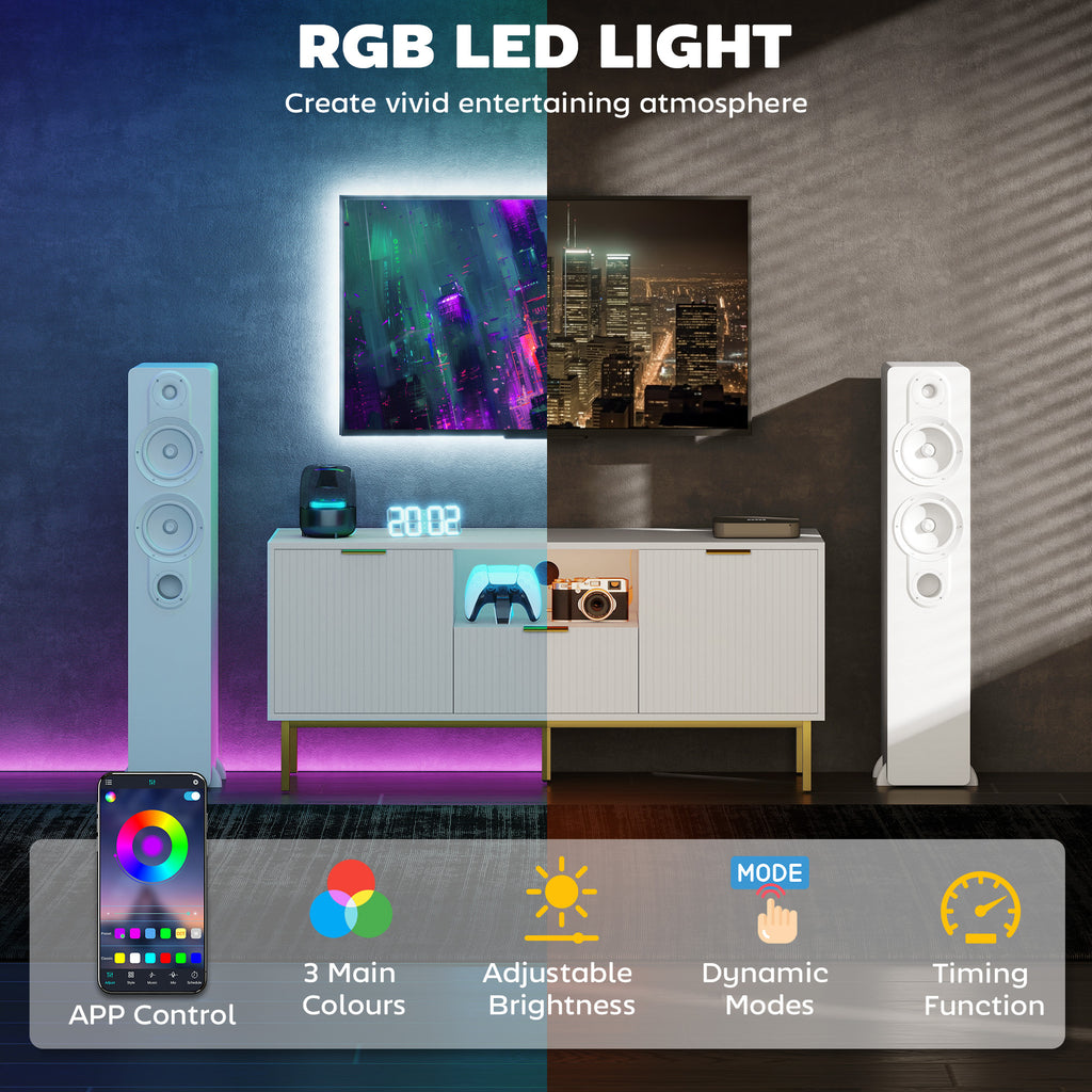 وحدة تلفزيون حديثة للتلفزيونات حتى 50 بوصة، مركز ترفيهي مع أضواء LED RGB ذكية وأبواب إغلاق ناعم، أبيض