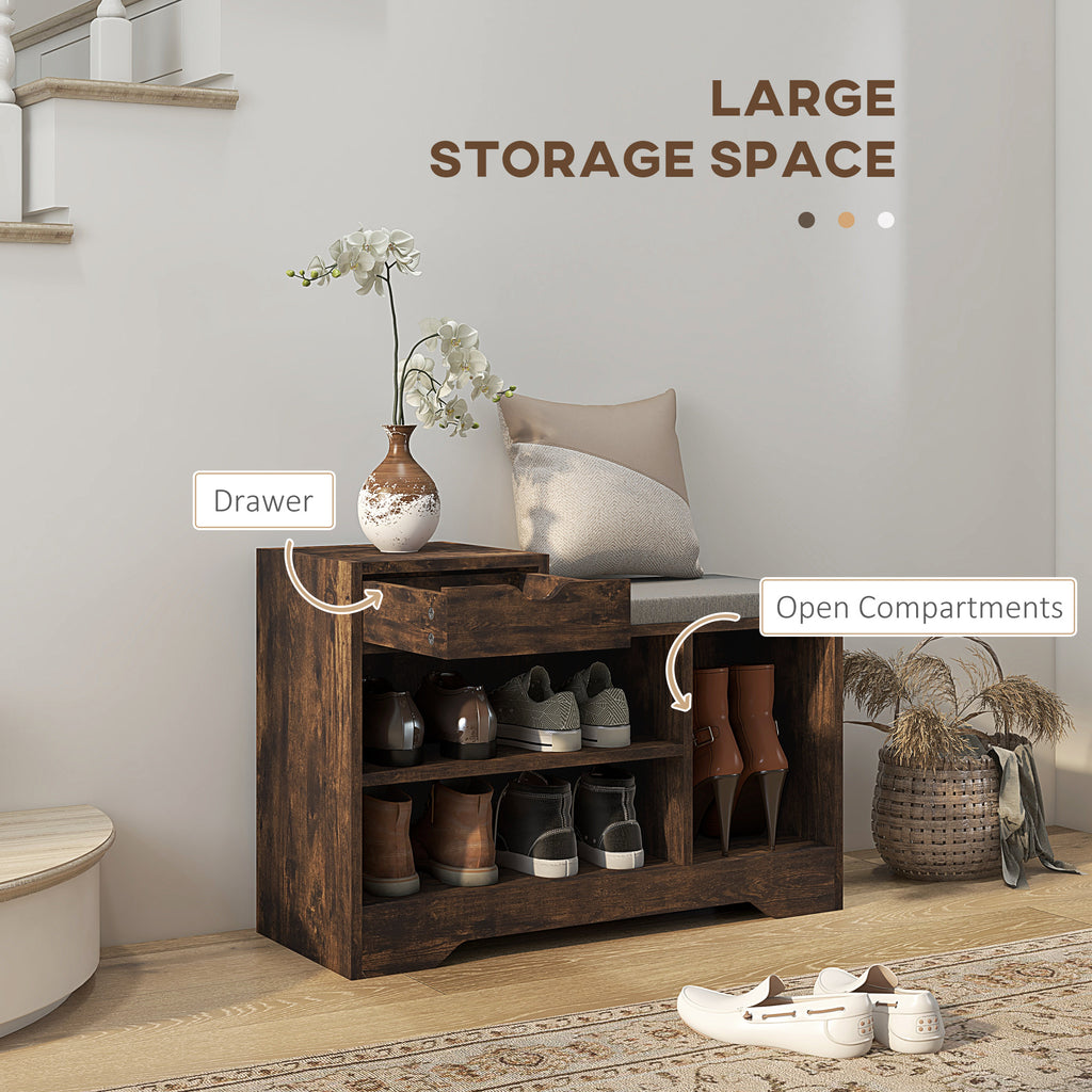 مقعد تخزين أحذية مُنجّد، خزانة أحذية للمدخل مع مقعد ودرج و3 أرفف مفتوحة للمدخل، بني ريفي