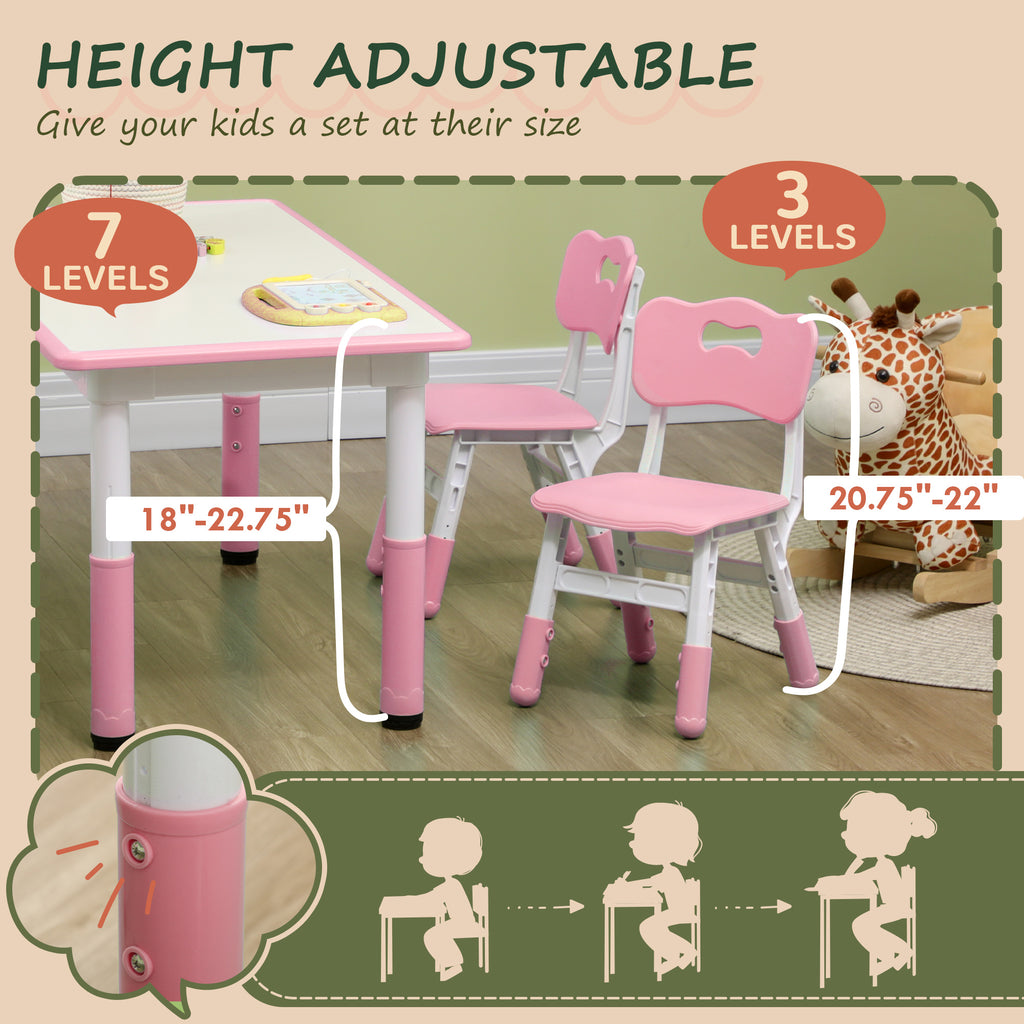 Qaba Kids Table and Chair Set with 4 Chairs, Adjustable Height, Easy to Clean, for 1.5 - 8 Years Old, Pink