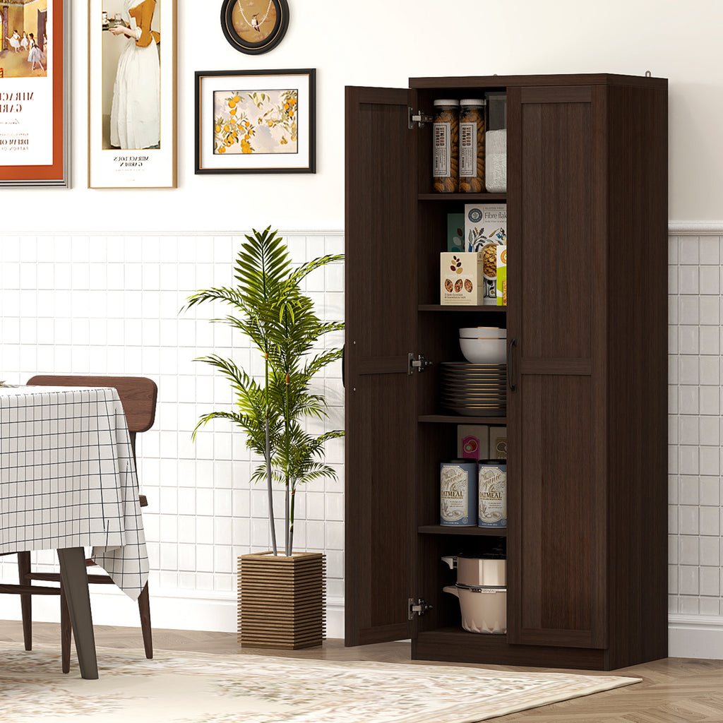 63" Kitchen Storage Cabinet, 5-tier Pantry Cabinet with Doors and Adjustable Shelves for Dining Room, Dark Brown