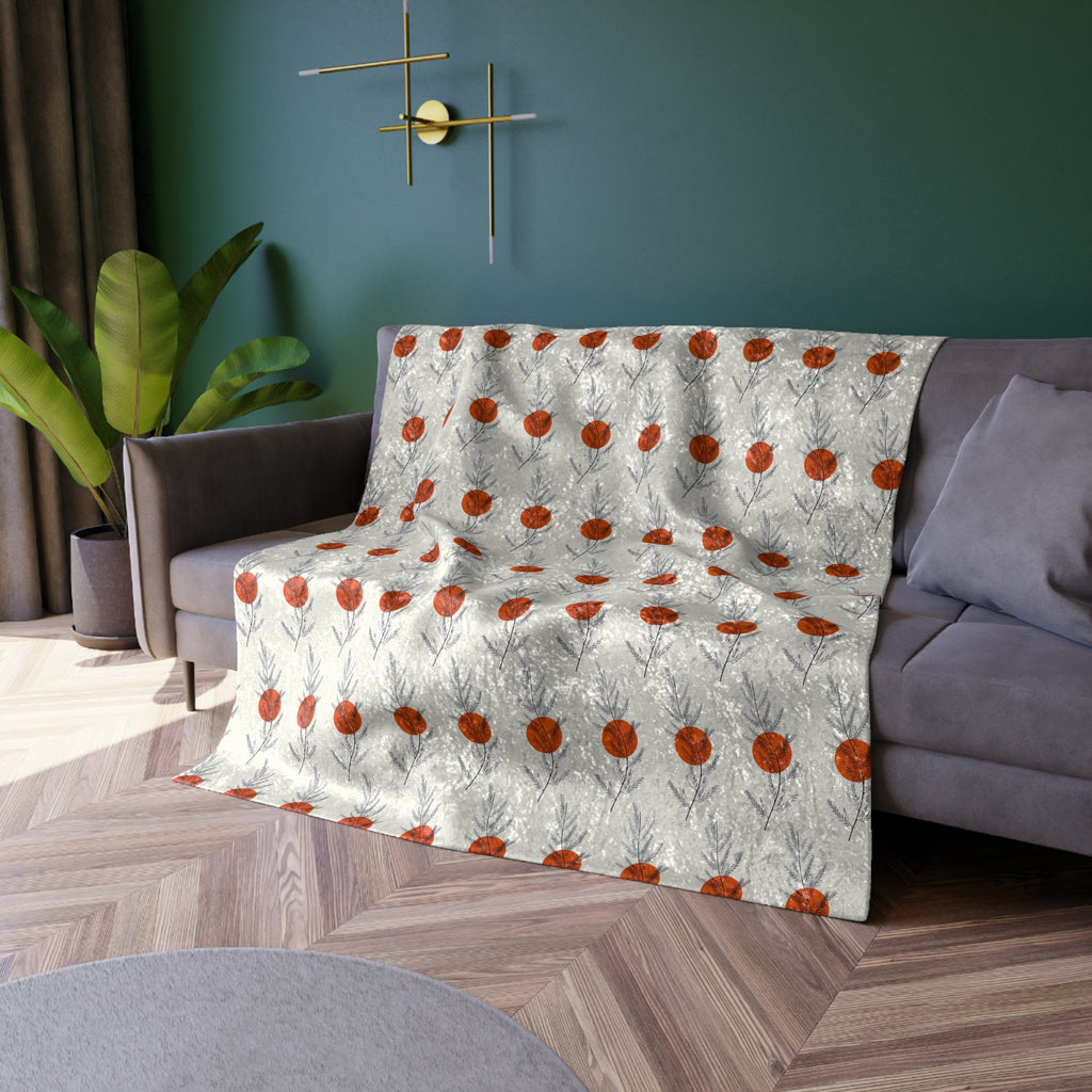 Crushed Velvet Blanket — Cozy Metallic Silver Throw with Orange Polka Dot Pattern
