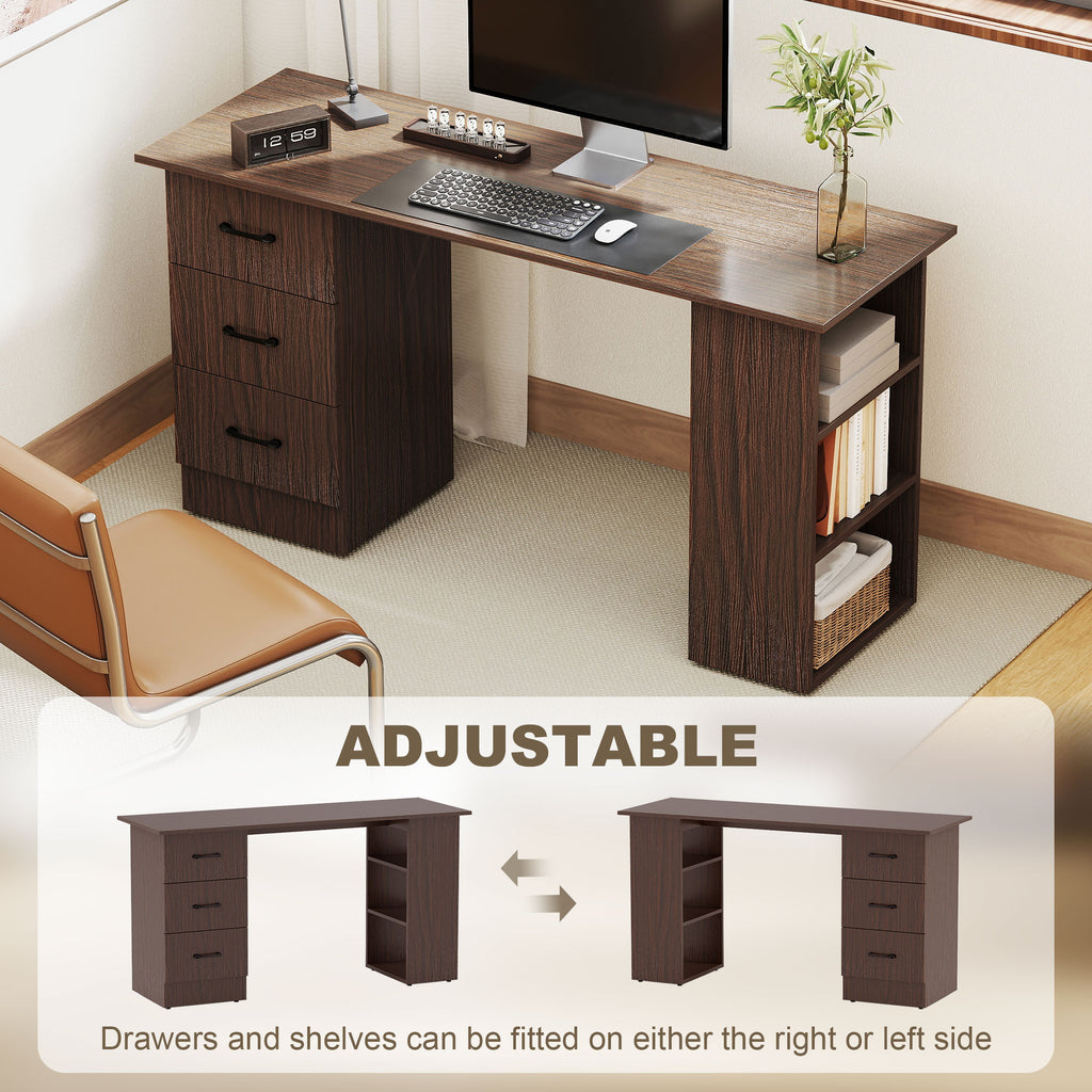 Computer Desk, 47" Writing Table with 3-Tier Shelves and 3 Reversible Drawers for Home Office, Bedroom, White