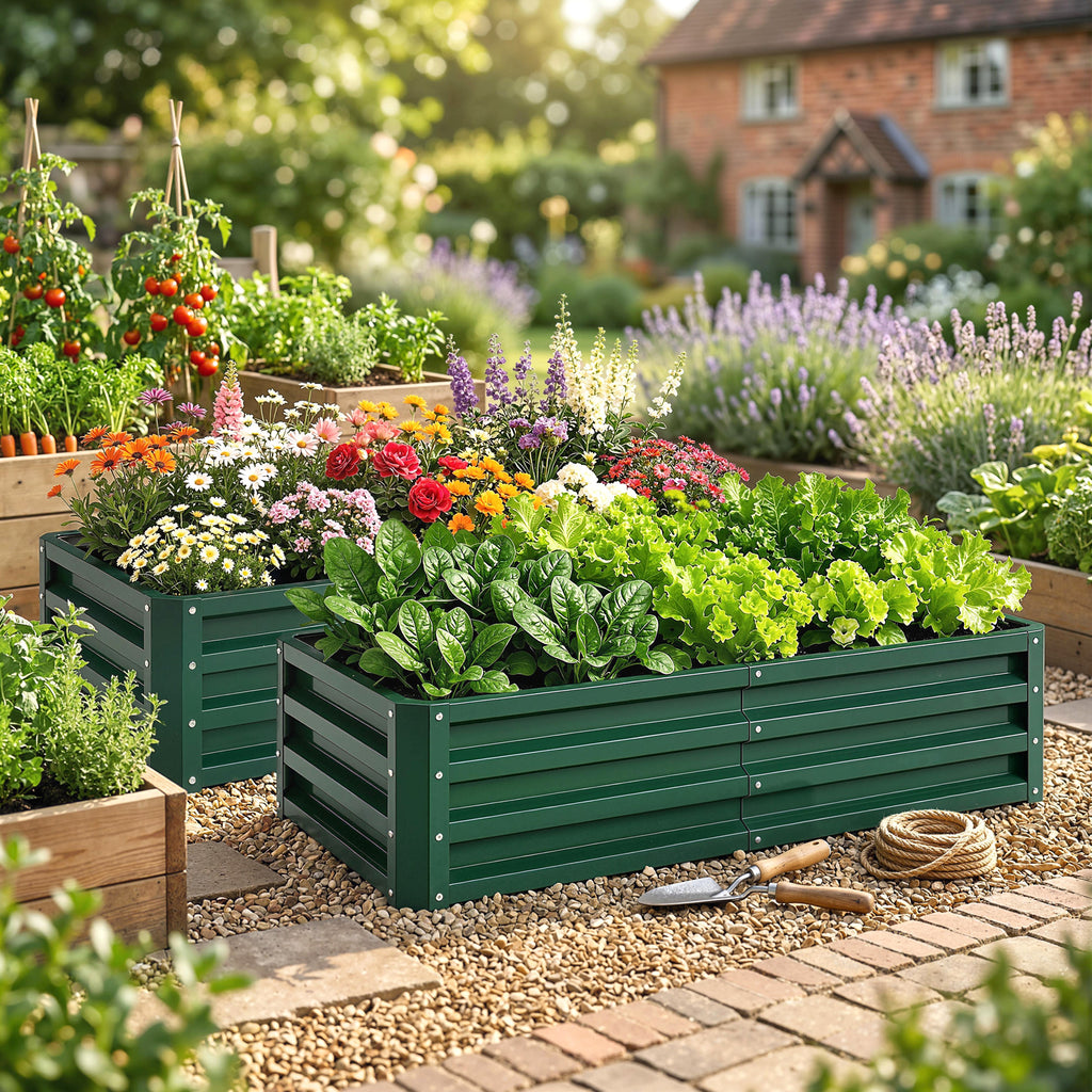 أحواض زراعة مرتفعة 4' × 2' × 1'، مجموعة من 2 وعاء زراعة مجلفن للخضروات، والزهور، والأعشاب، والنباتات الخضراء