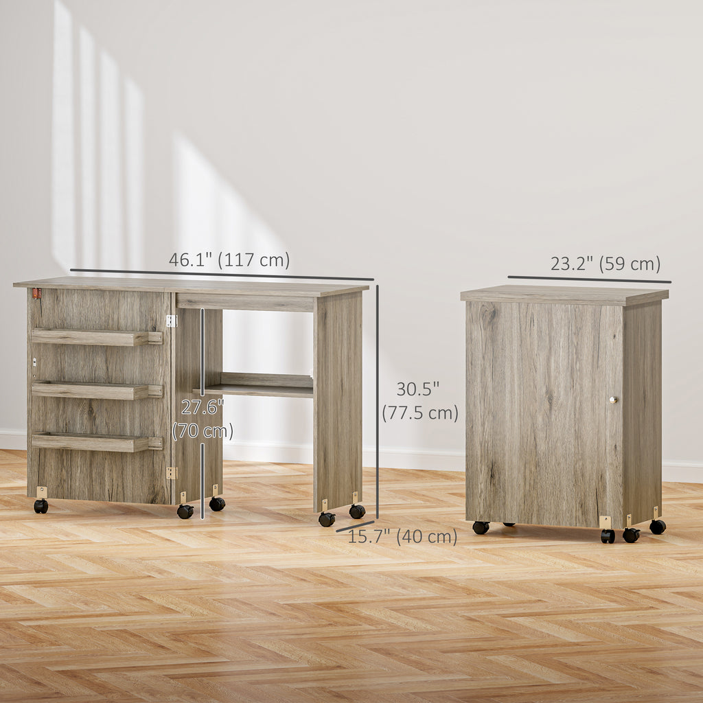 Sewing Machine Cabinet, Folding Sewing Table with Storage Shelf, Bins and Lockable Wheels for Small Space, White