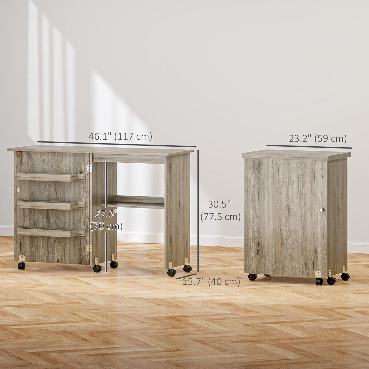 Sewing Machine Cabinet, Folding Sewing Table with Storage Shelf, Bins and Lockable Wheels for Small Space, White