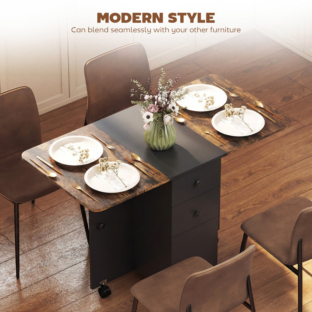 Drop Leaf Dining Table, Mobile Folding Table on Wheels with Drawers and Cabinet for Dining Room, Rustic Brown and Black