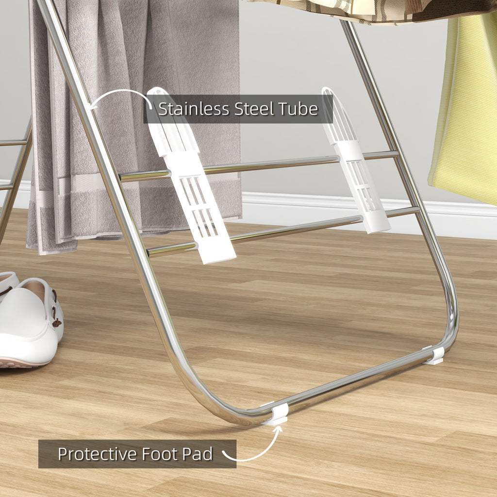 Clothes Drying Rack, 2-Tier Stainless Steel Foldable Laundry Rack with Adjustable Wings and Shoe Holders, Silver