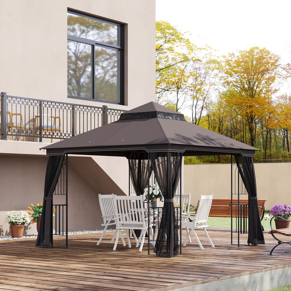 10'x10' ለስላሳ ገረብ ዘለዎ ፓቲዮ ጋዜቦ ብድርብ ደረጃ ገረብ፣ መረብ መጋረጃታት፣ መርኣዪ መደርደሪታት፣ ላዕላይ መንጠቆታት፣ ቡን