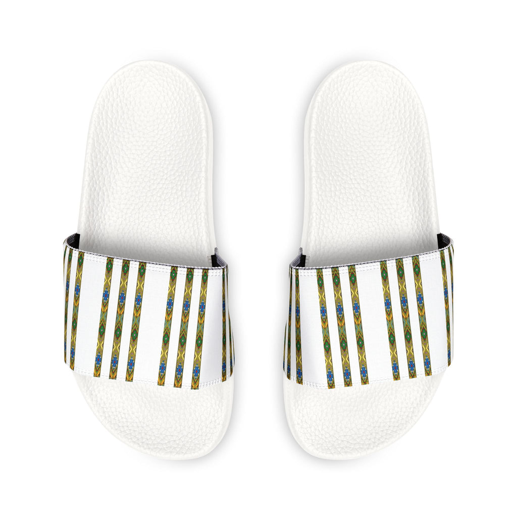 Slide Sandals — Striped Green Blue Marble Removable Strap Slides