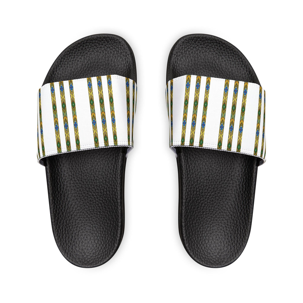 Slide Sandals — Striped Green Blue Marble Removable Strap Slides
