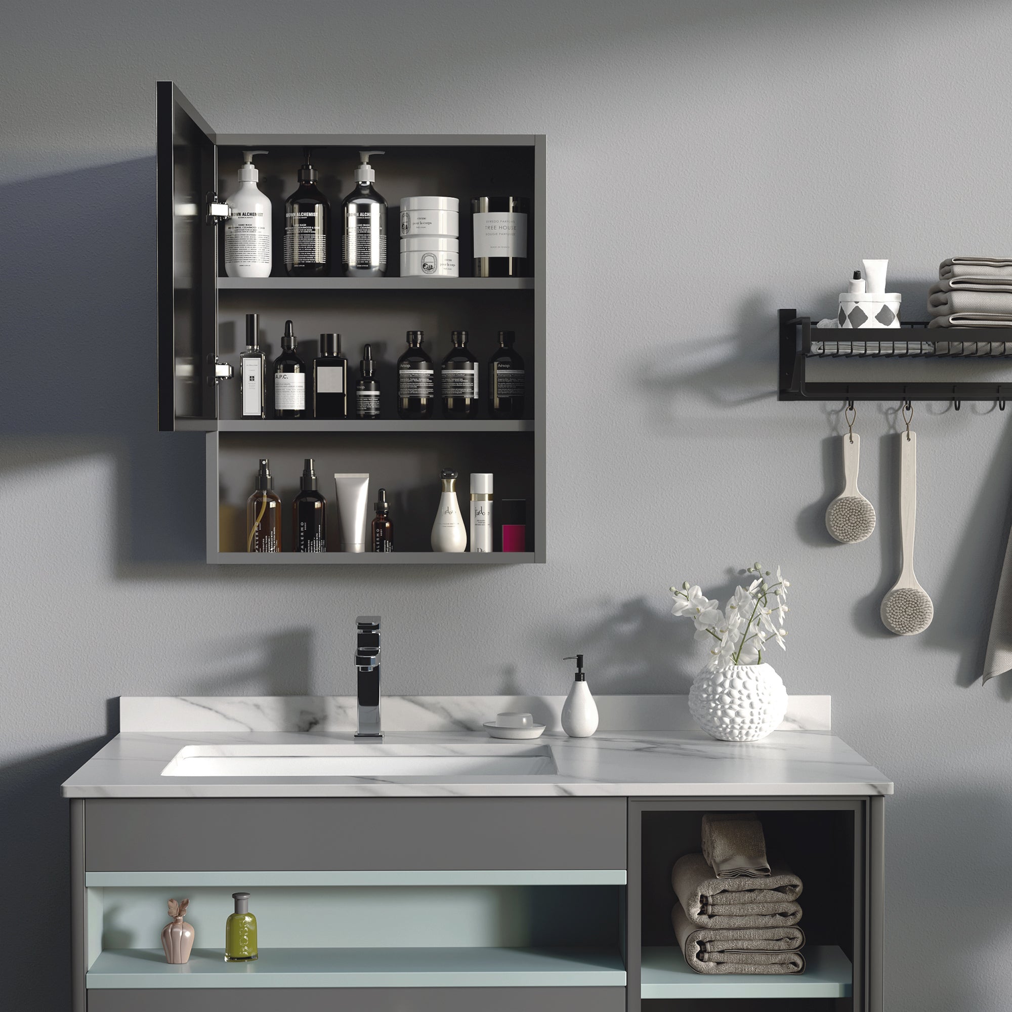 Bathroom Medicine Cabinet, Wall-Mounted Mirror Cabinet with Single Door, Storage Shelves and Stainless Steel Frame for Laundry Room, Black