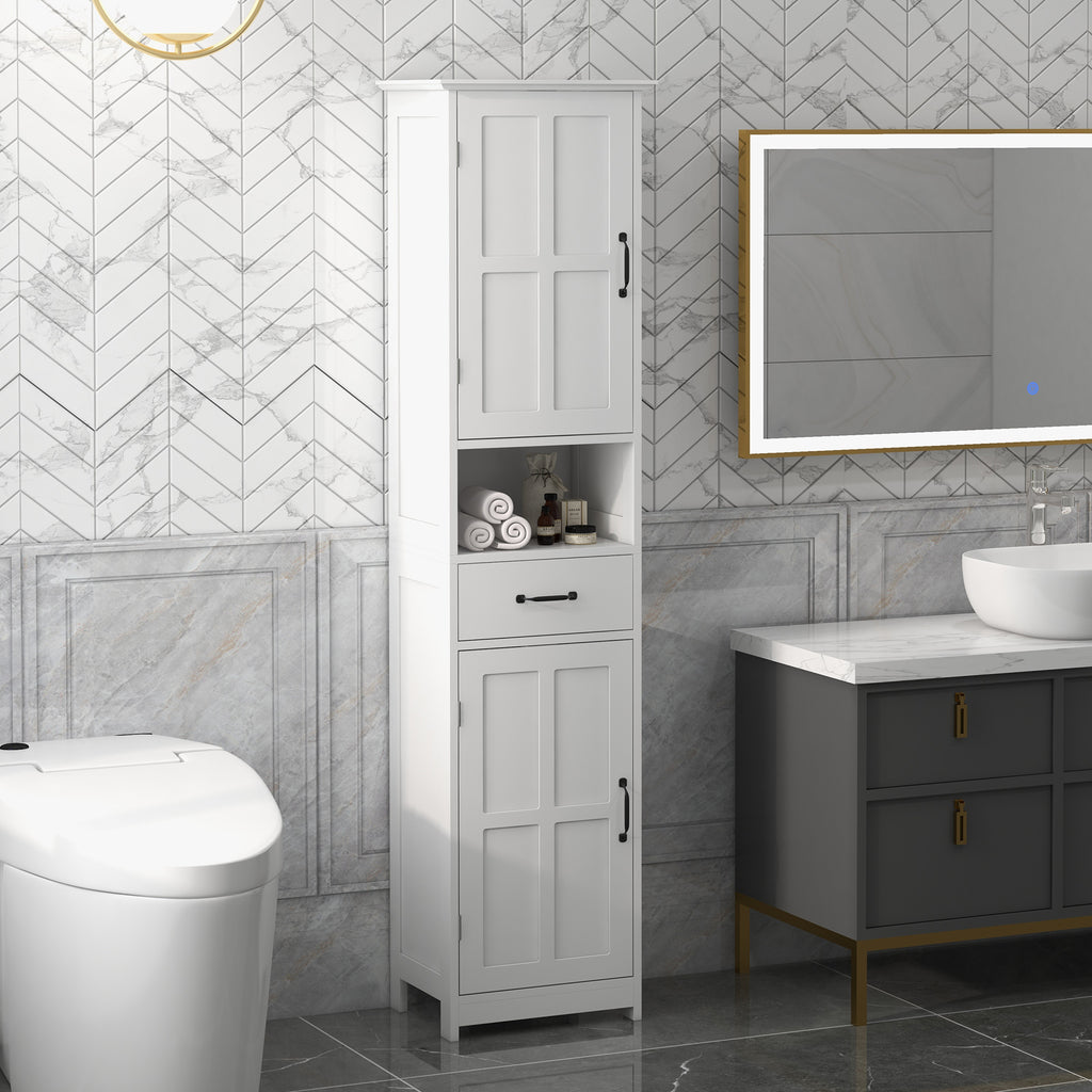 Modern Bathroom Cabinet, Narrow Bathroom Vanities with Open Shelf Drawer Recessed Doors and Adjustable Shelves White