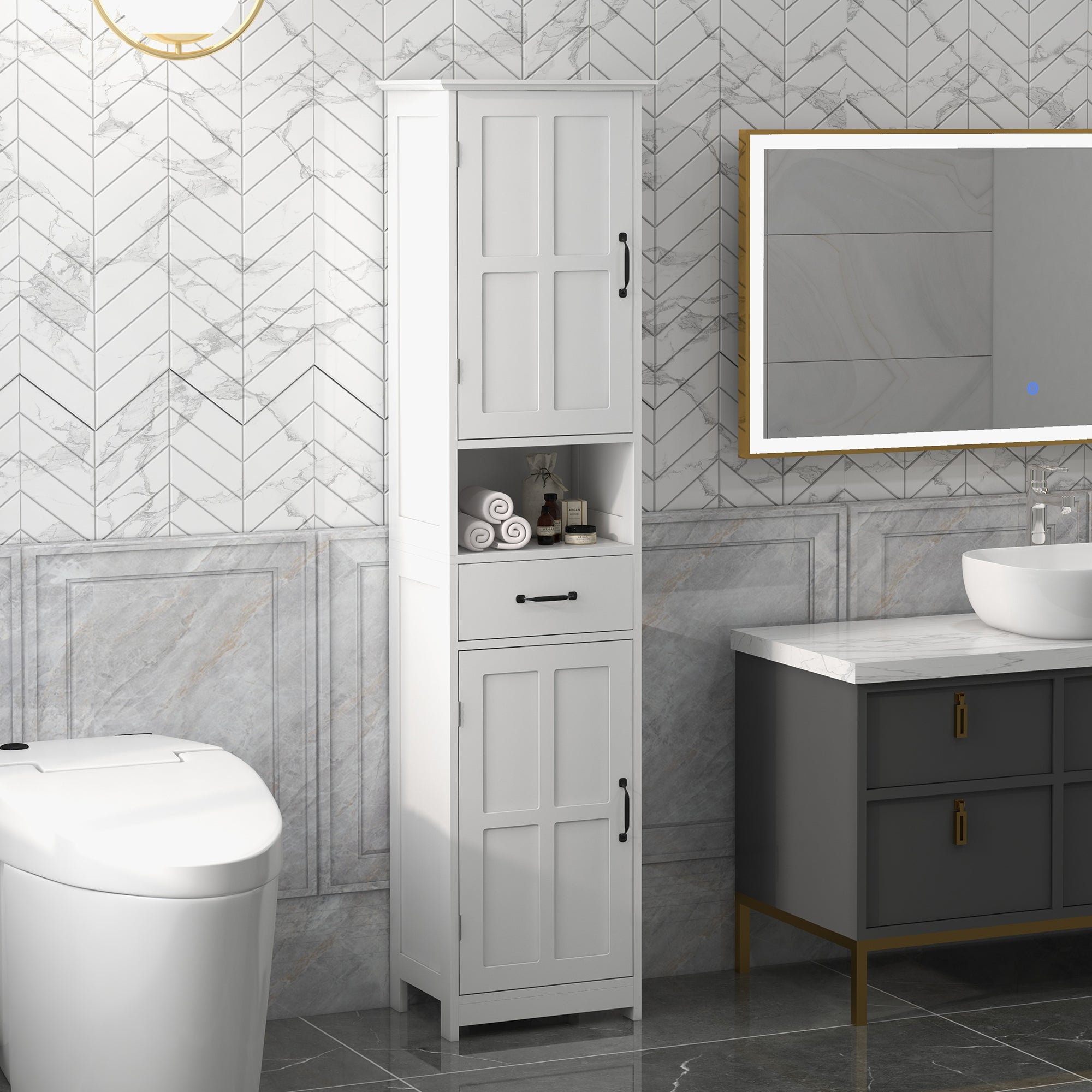 Modern Bathroom Cabinet, Narrow Bathroom Vanities with Open Shelf Drawer Recessed Doors and Adjustable Shelves White