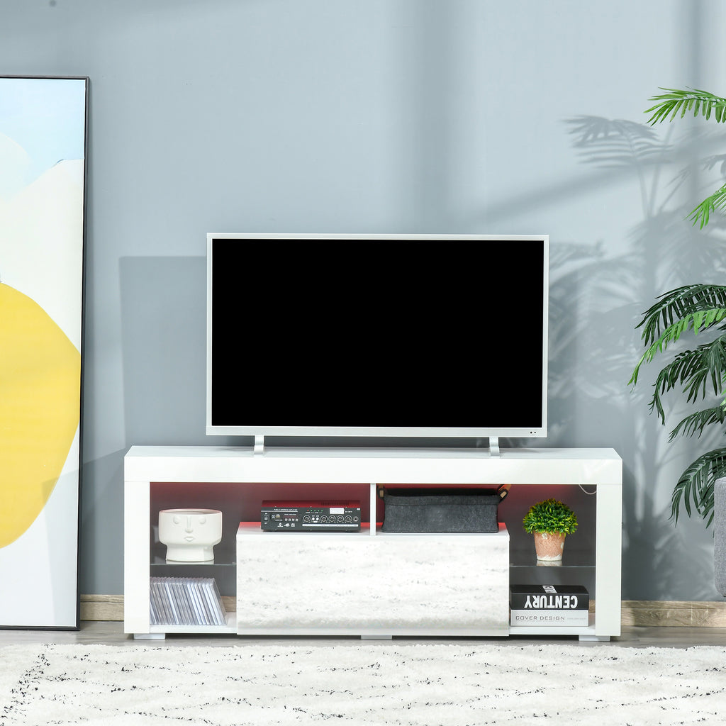 TV Stand for 55-Inch TVs, High Gloss TV Bench with LED Lights, Remote Control, Storage Drawer and Shelves, Entertainment Unit for Living Room, Bedroom, White