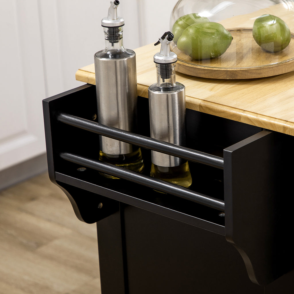 Kitchen Island with Storage Rolling Kitchen Serving Cart with Rubber Wood Top Towel Rack Storage Drawer Cabinet, Black
