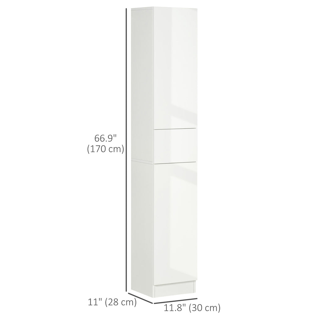 Tall Bathroom Cabinet, Narrow Bathroom Storage Cabinet with Doors, Drawer and Adjustable Shelves, High Gloss White