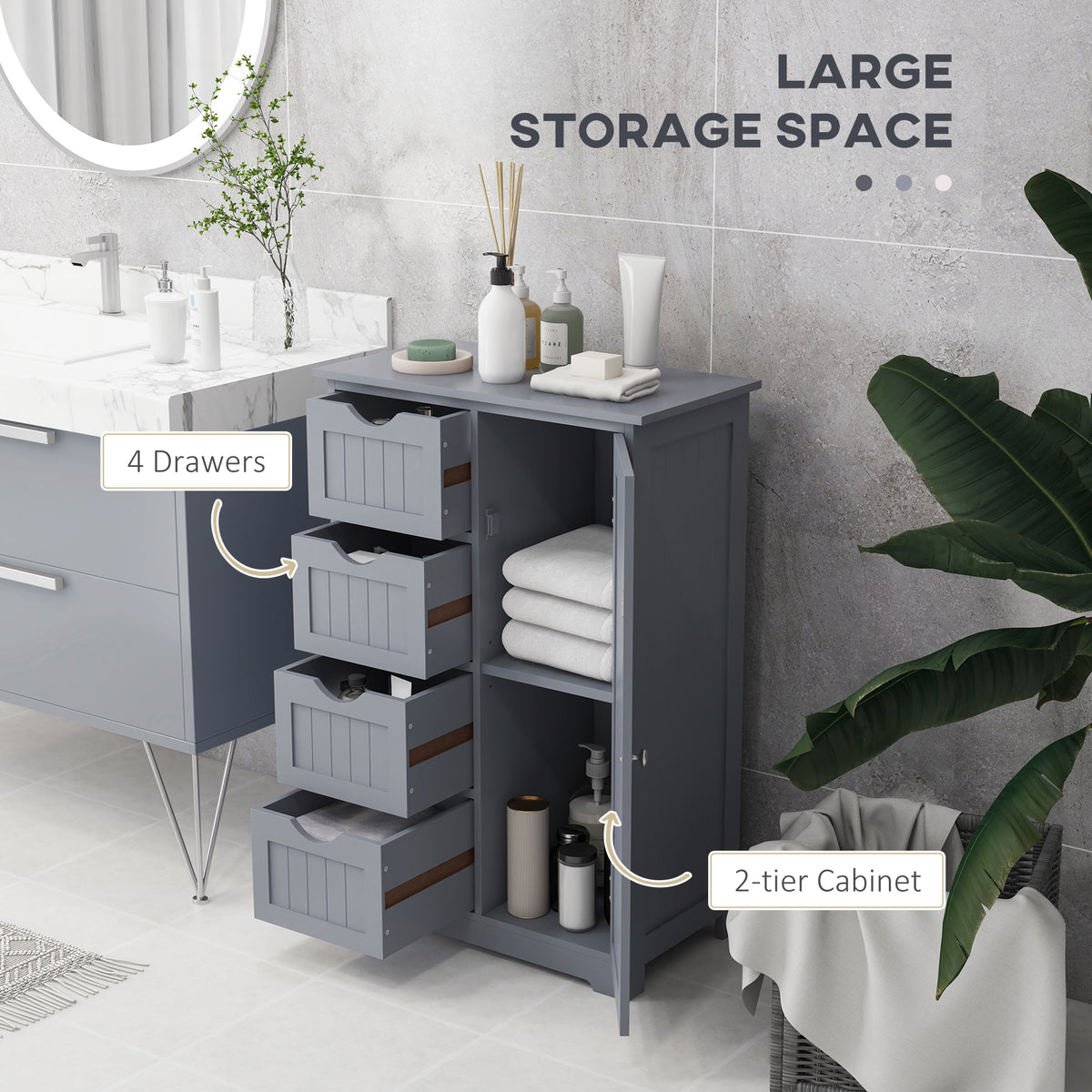 Bathroom Storage Cabinet, Floor Cabinet with Adjustable Shelf and 4 Drawers, Side Cabinet for Washroom, White