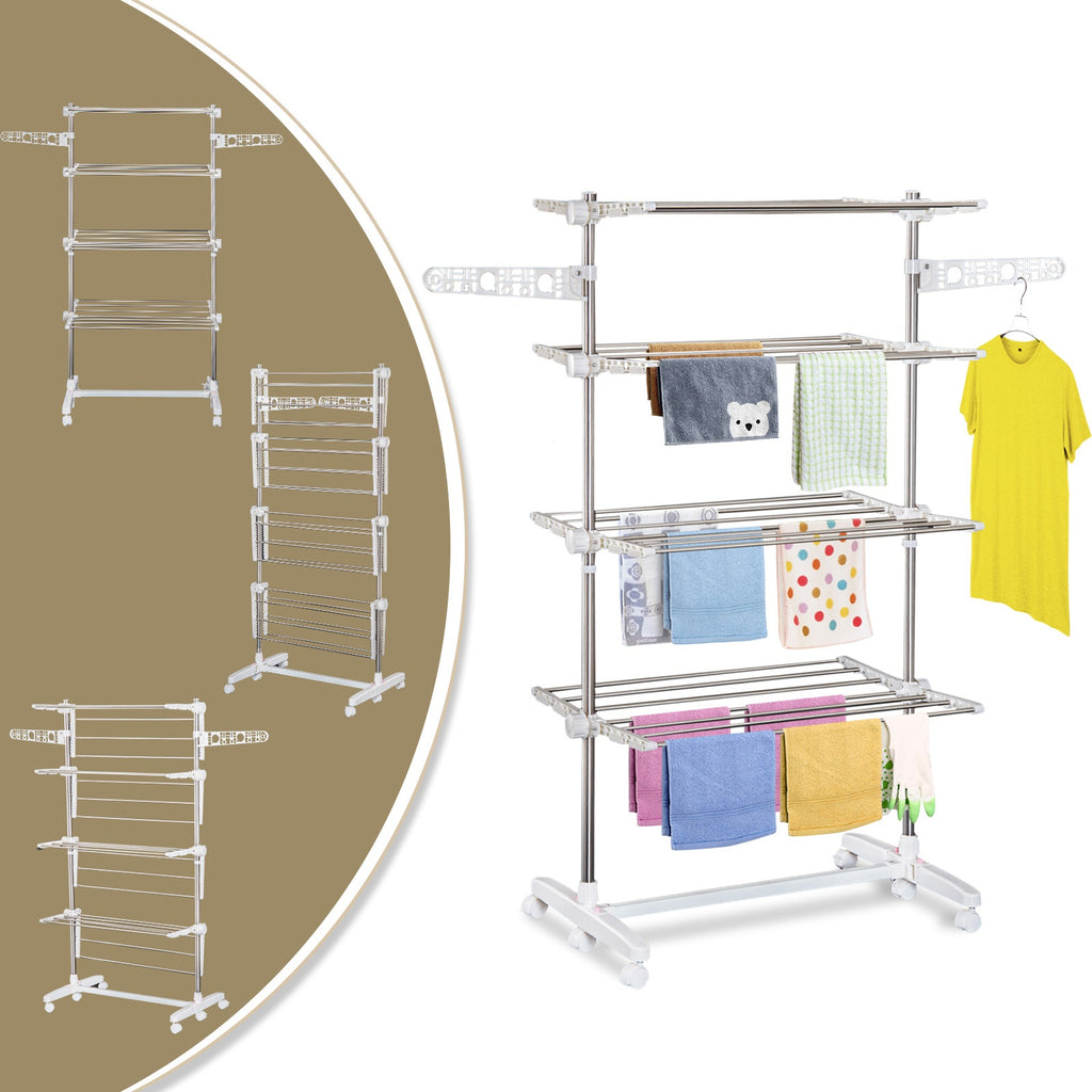 4 Layers Folding Laundry Rack Stand Dryer Storage Towel Rack Rolling