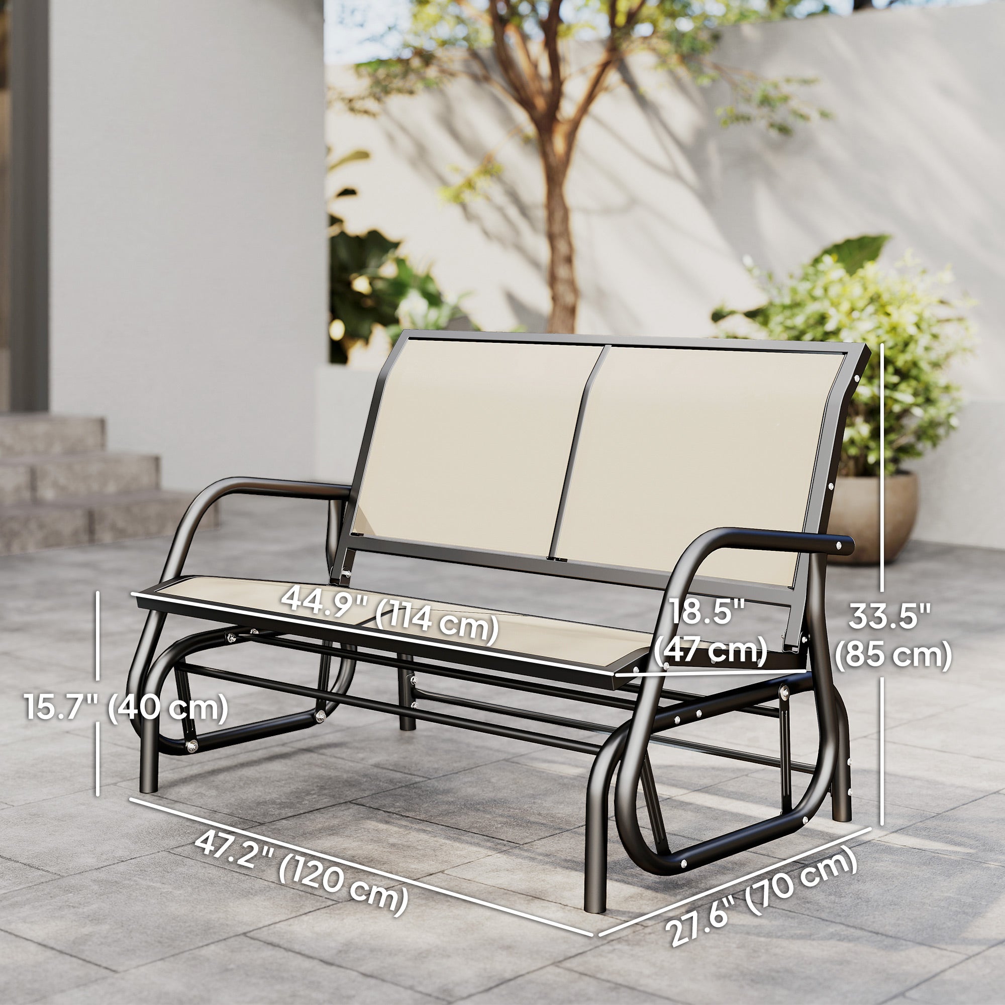 Outdoor Glider Bench, 2 Person Patio Glider Chair, Gliding Outdoor Garden Loveseat Swing Bench with Breathable Mesh Fabric, Steel Frame for Backyard, Porch, Cream White