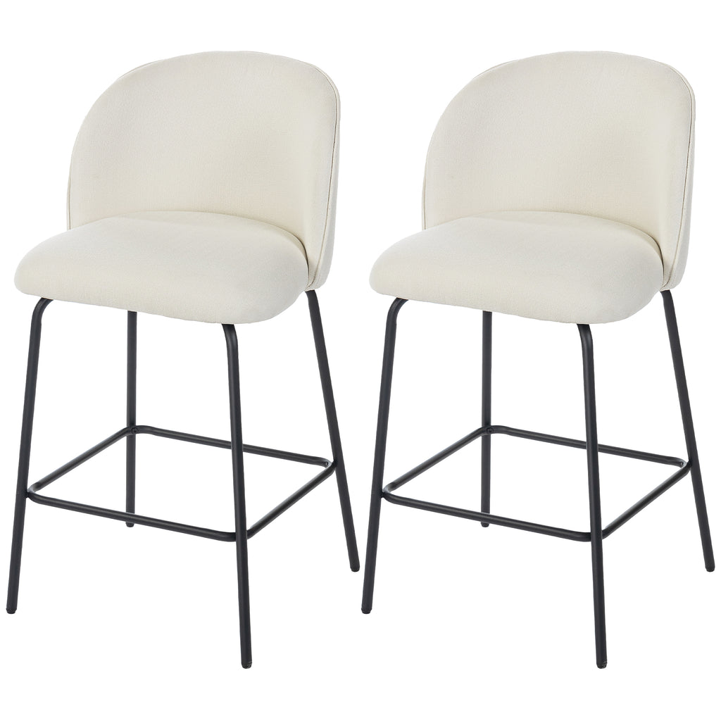 Set of 2 Counter Height Barstools, Upholstered Linen Bar Stools with Backrest, Footrest and Steel Legs, Cream White
