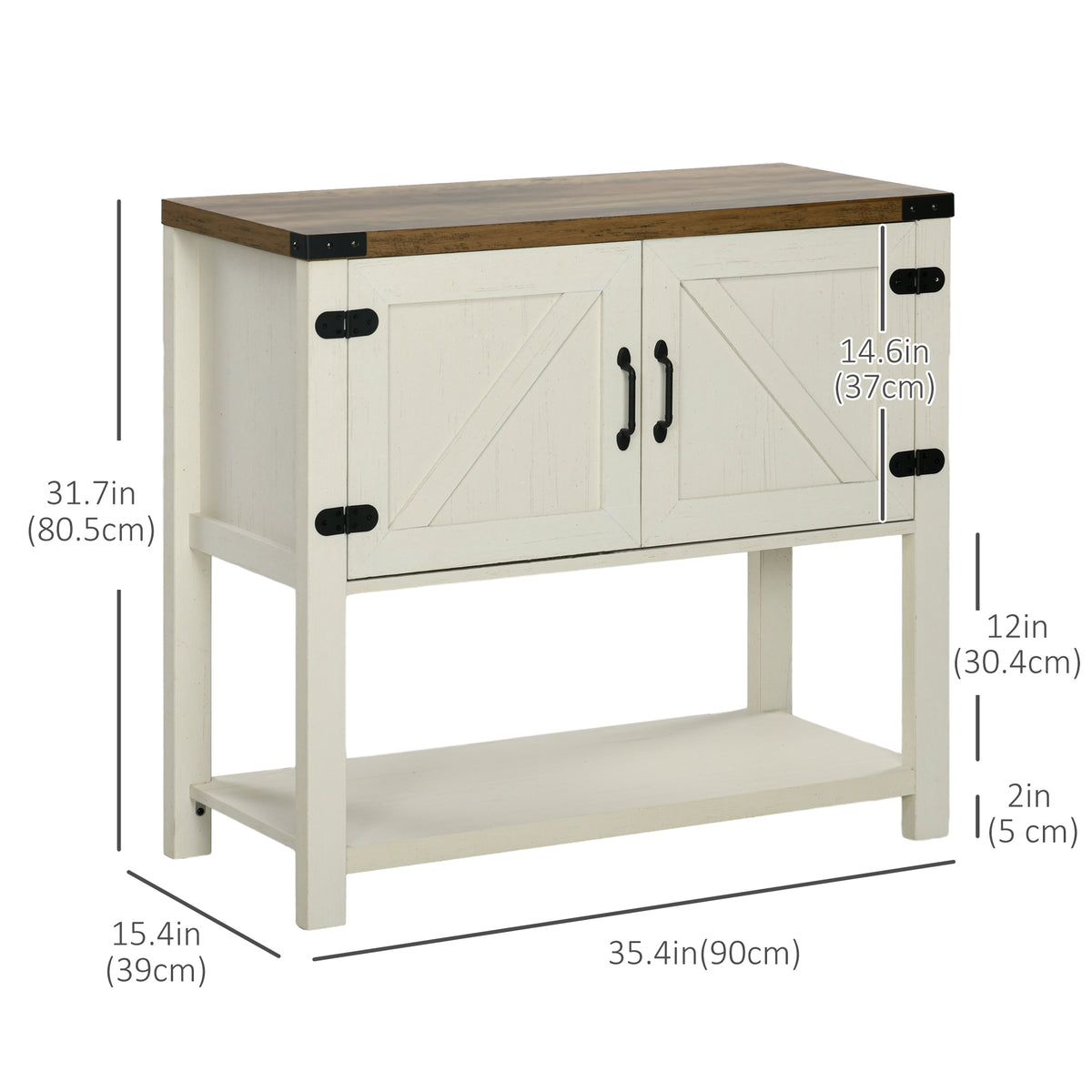 Farmhouse Kitchen Storage Cabinet, Free Standing Sideboard Console Table with Barn Doors, Bottom Shelf, White