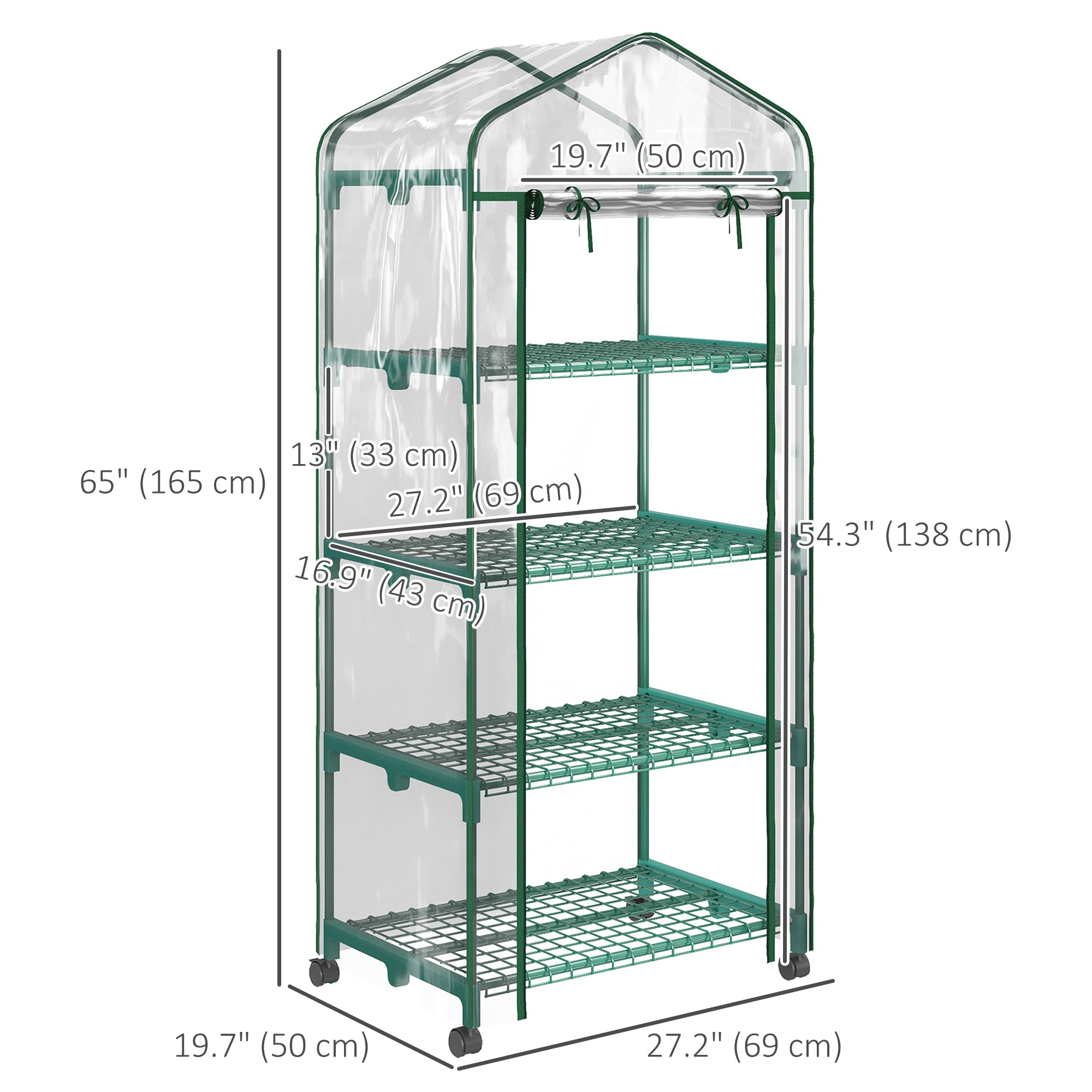 27" x 20" x 65" ተንቀሳቓሲ ሓጸር ቤት ምስ 4 ደረጃ መደርደሪታትን መንኰራሕርን፣ ደገ ሓጸር ቤት ንተኽልን ዕምባባን፣ ሓጺን ፍሬም፣ ፕላስቲክ መከወን፣ ጽሩይ