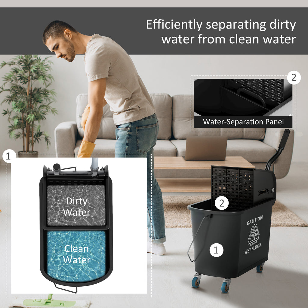 Compact Mop Bucket with Wringer, Mop Bucket on Wheels, 5 Gallon, Separate Dirty and Clean Water, Yellow