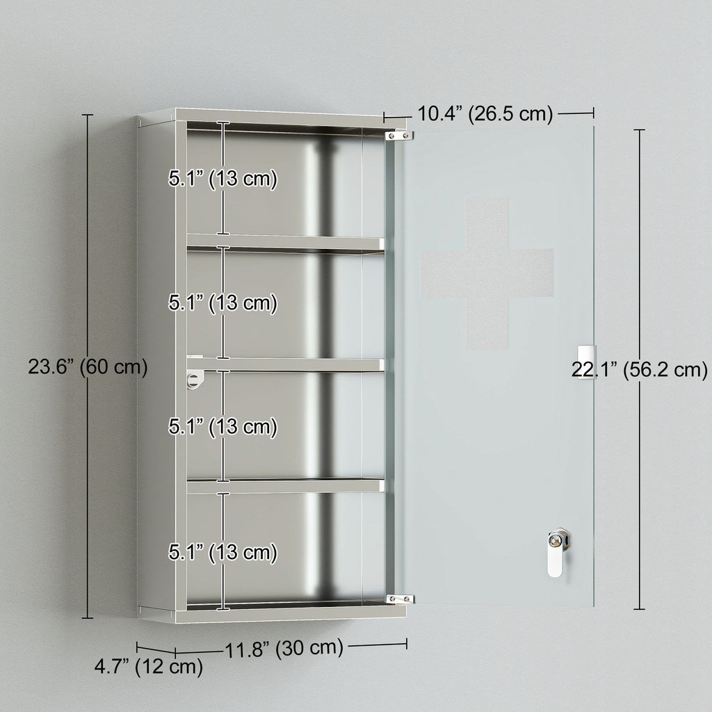 Wall Mount Medicine Cabinet, Bathroom Cabinet with 3 Tier Shelves, Stainless Steel Frame and Glass Door, Lockable with 2 Keys, Silver, 12" x 23.5"