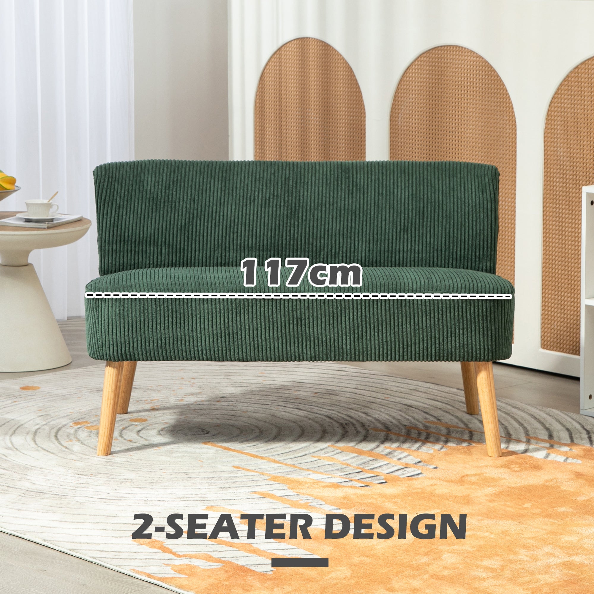 Modern 2 Seater Sofa, Upholstered Two Seater Couch with Rubber Wood Legs, Green