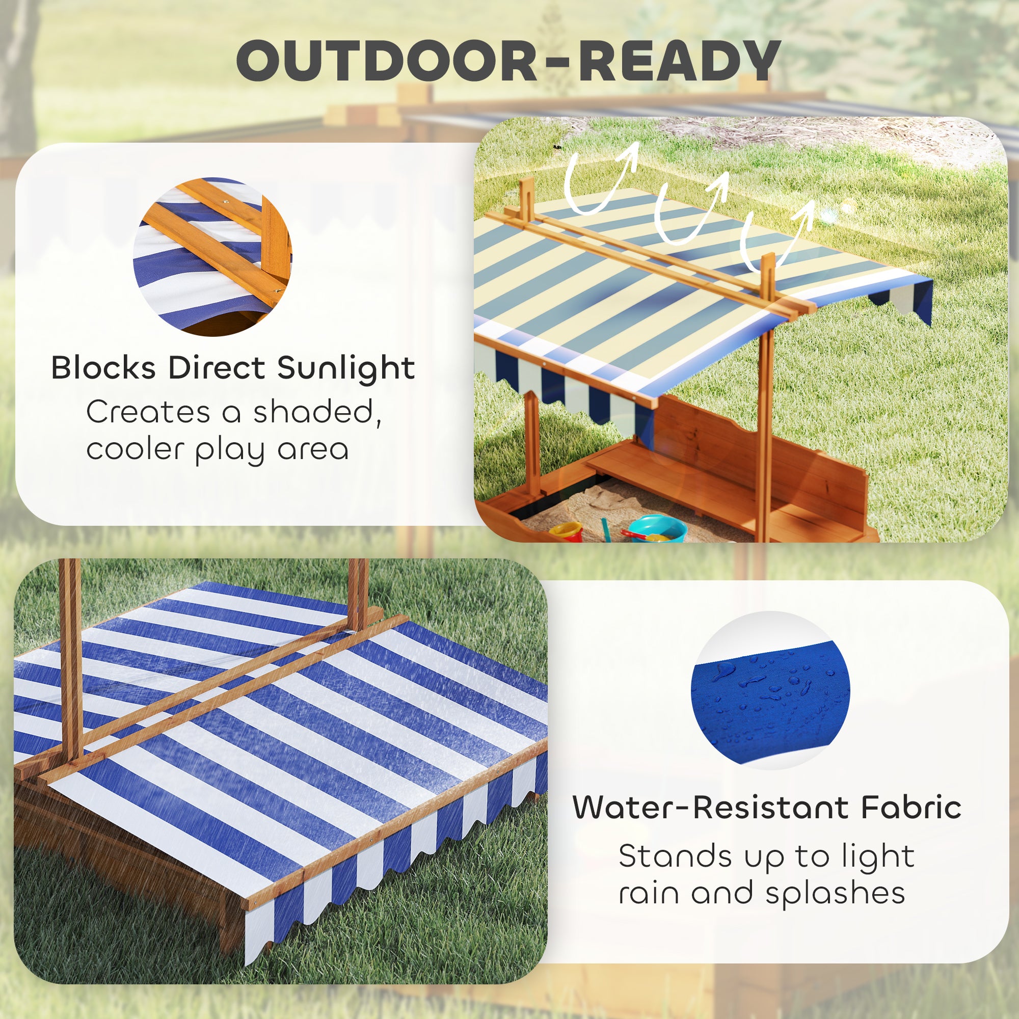 Wooden Kids Sandbox with Cover, Sand Play Station with Foldable Bench Seats and Adjustable Canopy, Red