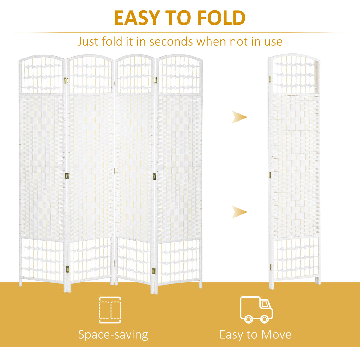 4 Panel Folding Room Divider, Portable Privacy Screen, Wave Fiber Room Partition for Home Office, White