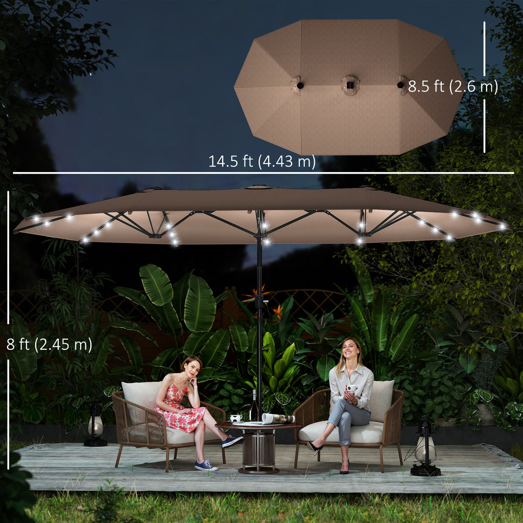 174" Double-Sided Sun Umbrella Garden Parasol Patio Sun Shade Outdoor with LED Solar Light, Khaki