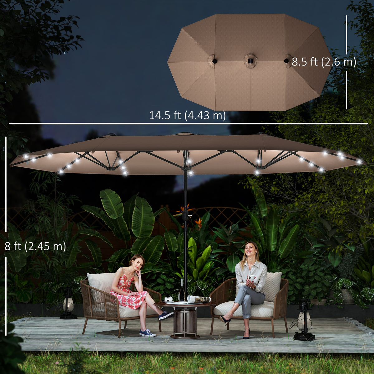 174" Double-Sided Sun Umbrella Garden Parasol Patio Sun Shade Outdoor with LED Solar Light, Khaki
