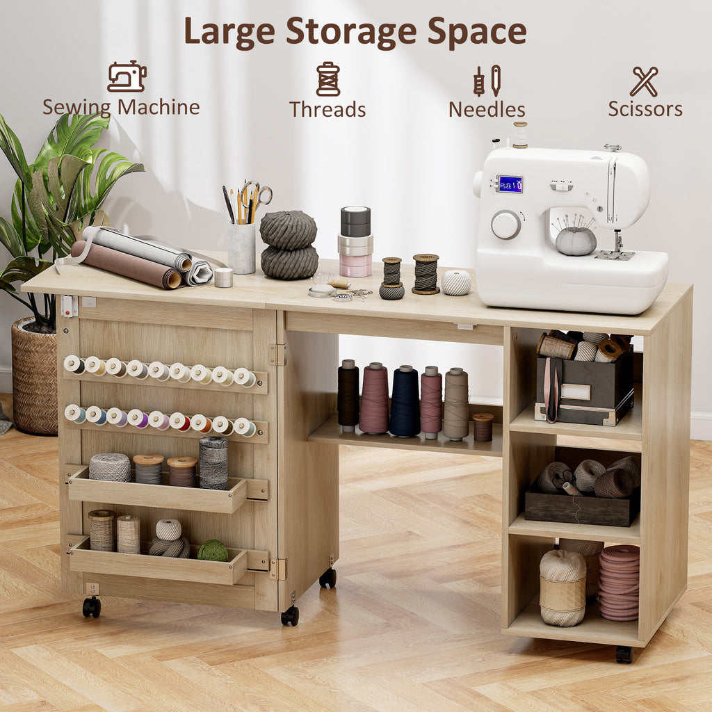 Sewing Machine Table with Drop Leaf, Folding Craft Table Rattan Door and Storage Shelves for Small Spaces, Natural